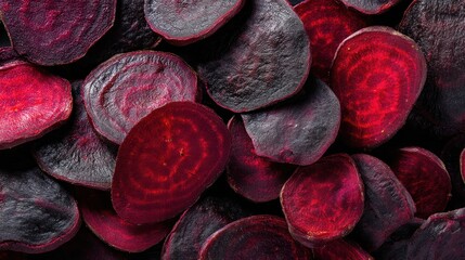Close-up of sliced red beets displaying vivid patterns and texture.