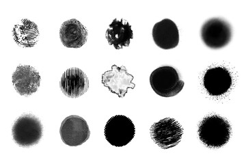 set of ink stain, black texture blobs for decoration and more isolated from background in different styles