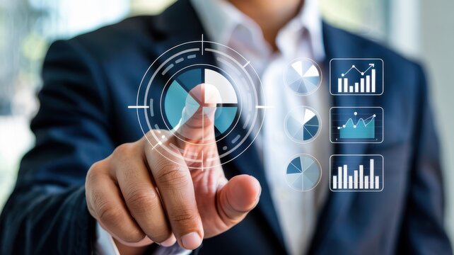 A businessman in a suit interacts with a digital interface displaying data analysis charts and graphs showcasing modern technology - Powered by Adobe