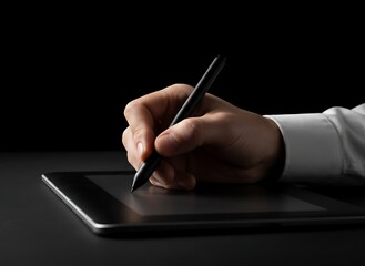 Close-up of hand using digital drawing tablet with stylus