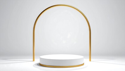 Elegant White Podium with Golden Arch for Product Display.