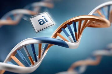 Artificial intelligence and DNA technology converge in a high-tech microchip and helix concept image
