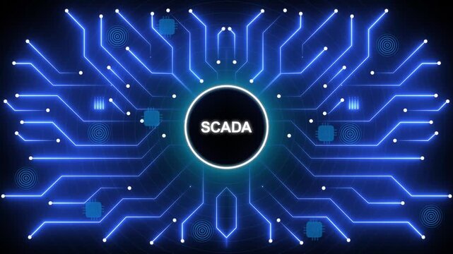 SCADA system blue circuit board with glowing lines and nodes on dark background