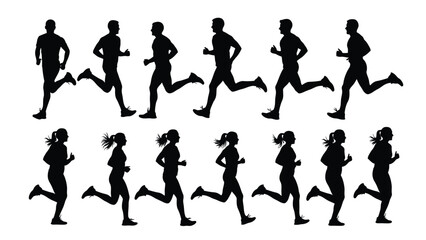 Fototapeta premium Silhouettes depicting the sequential motion and different phases of male and female running exercise illustrating locomotion and athletic activity progression clearly.