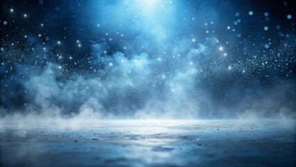 A mystical expanse of swirling blue mist illuminated by a shower of sparkling starlight and shimmering atmospheric particles creating an ethereal glow