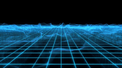 neon blue grid pattern with wavy lines on black background