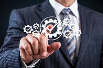A professional businessman in a suit interacts with a digital interface of gears and checkmarks symbolizing successful process and quality control
