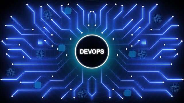DevOps concept with glowing blue circuit board and futuristic technology background