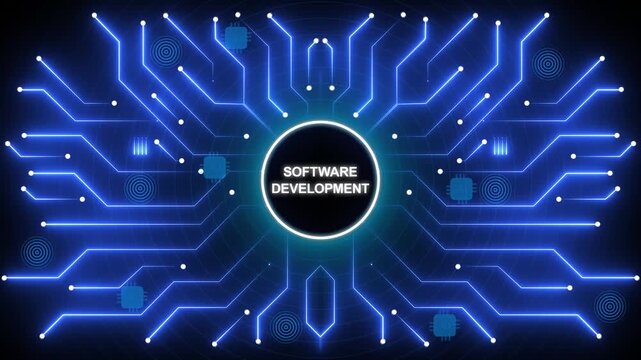 Software development concept with glowing blue circuit board design