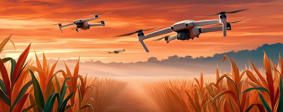 Drones fly over a sugar cane field at sunset, showcasing the future of farming technology