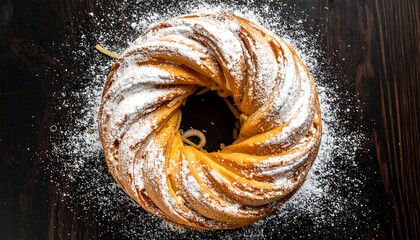 Delicious Bundt Cake with Powdered Sugar on Dark Wood Surface.
