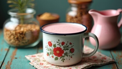 Fototapeta premium Sweet pink drink in a floral enamel mug sits on a fabric napkin. Rustic turquoise wood table backdrop. Blurred jars with ingredients and a pink pitcher are nearby. Cozy, refreshing beverage display.