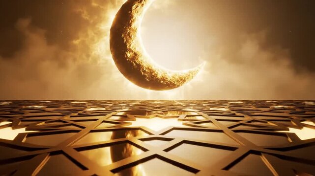 A serene video showcasing a crescent moon shining brightly in a cloudy sky with a geometric patterned ground Connectioneering concept Footage