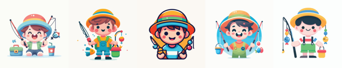 Vector Illustration of a Cute Boy Holding Fishing Equipment