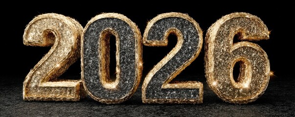 Glittering gold 2026 numbers stand boldly on a dark stage for celebration and success