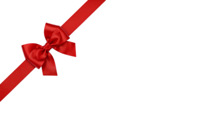 Elegant red silk ribbon with a perfectly tied bow, diagonally positioned on a pristine white background, symbolizing festive occasions, thoughtful gift-giving, and joyous celebrations