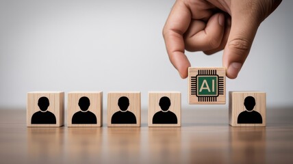 A hand selecting a wooden block with an ai symbol from a row of blocks depicting human figures