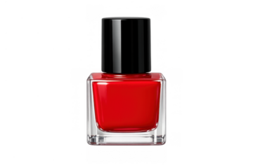 Red nail polish bottle standing on a transparent background. Beauty product for manicure, pedicure, and nail care