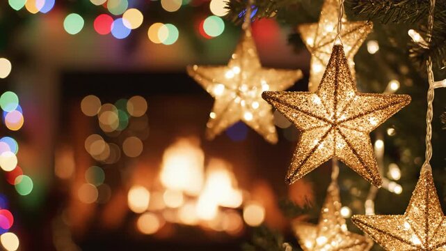 Golden Stars on Christmas Tree with Fireplace.