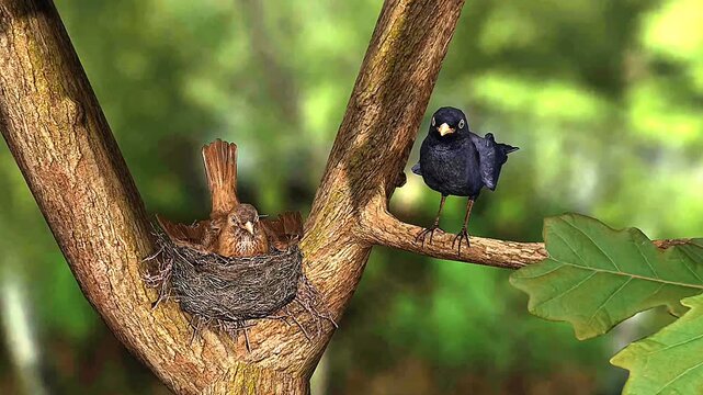 Male and female common blackbirds showing differences in plumage, behavior, and forest habitat.