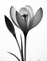 Monochrome art photo of delicate flower. Fine lines texture petals. Botanical style illustration of nature beauty. Flower head and bud against white background. Elegant design.