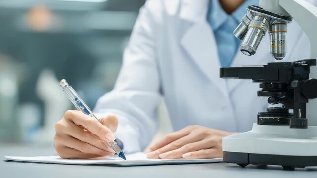 Scientist in laboratory coat writes research notes while sitting beside a modern microscope on a laboratory desk. Professional researcher documents scientific findings during laboratory analysis