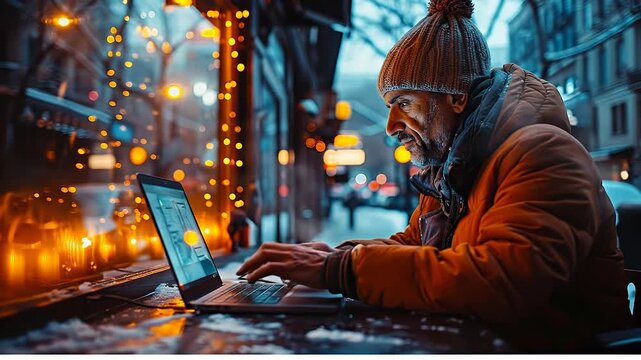 Man on laptop by window at night. A man sits at a table using a laptop while it snows outside. Lights are on in the background creating a warm setting.
