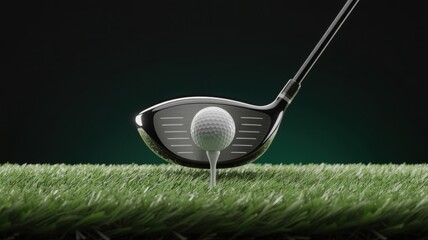 A close up view showcases a golf club head positioned directly behind a white golf ball on a tee ready for a swing
