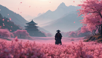 Lone samurai stands in pink blossom field facing traditional Japanese temple. Artwork presents serene scene of ancient warrior in scenic landscape. Mountains in background complete peaceful