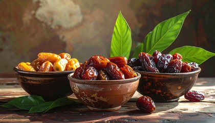 Delicious and Nutritious Dates - A Trio of Varieties in Bowls.