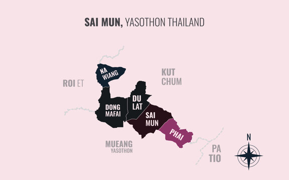 Map showing Sai Mun District Yasothon Thailand divided into sub districts with minimalist colorful patterns