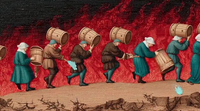 Men and women pass wooden buckets of water in a futile line, tiny blue splashes swallowed by towering red fire &mdash; in the style of a late-15th-century illuminated manuscript miniature, tempera and shell