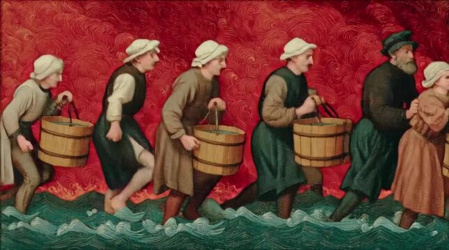 Men and women pass wooden buckets of water in a futile line, tiny blue splashes swallowed by towering red fire &mdash; in the style of a late-15th-century illuminated manuscript miniature, tempera and shell