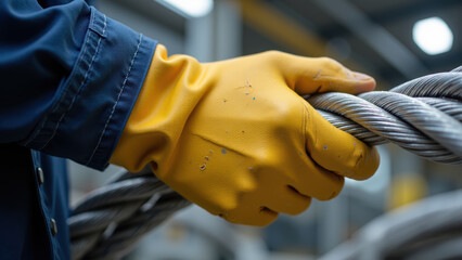 Worker hand wearing yellow glove grips steel cable, showcasing safety and strength in industrial setting