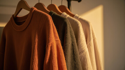 Obraz premium Cozy sweaters hanging on rack, showcasing warm colors and soft textures, illuminated by gentle sunlight