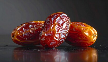 Three Medjool Dates on a Dark Reflective Surface.