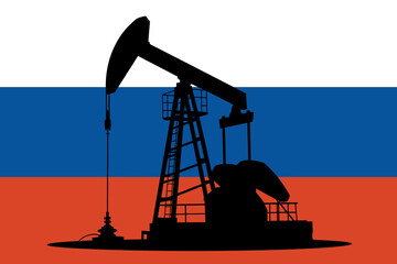 Silhouette of Oil Pumpjack on Russian Flag Background