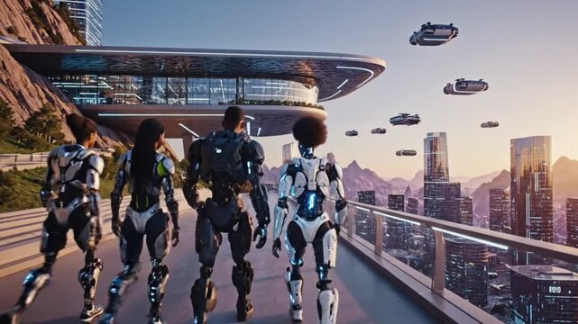 Futuristic Cityscape with Cyborgs and Flying Vehicles, Cyberpunk Future