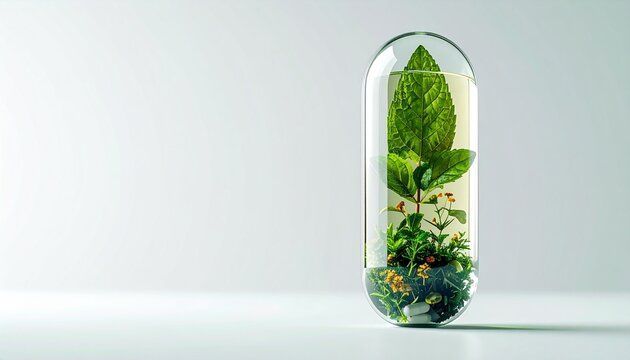A glass test tube containing a small plant with green leaves and colorful flowers on a white surface against a plain background with soft lighting.