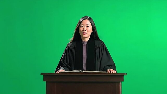 Justice in Session: An Asian woman, dressed in a traditional black robe, stands behind a podium, a beacon of legal professionalism and commitment to the pursuit of justice.
