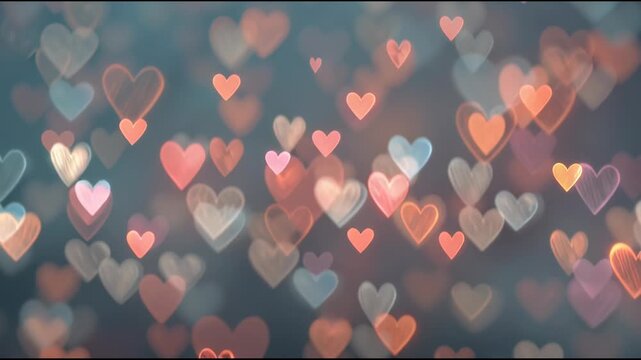 Shimmering heart bokeh lights float in a romantic abstract pattern with soft focus on a dark background.