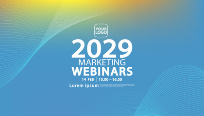 Creative marketing webinar banner. Soft blue and yellow gradient background with abstract wave lines for modern business presentation.