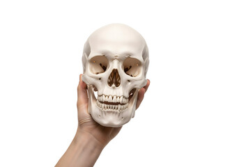 Fototapeta premium Hand holding a real human skull head raise up isolated on clean white background