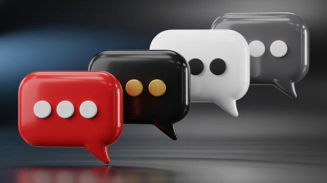 A vibrant collection of glossy speech bubbles in red black and white tones floats above a reflective surface