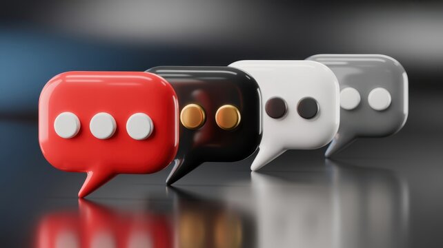 A vibrant arrangement of glossy rounded speech bubbles in red black and white hues creates a visually compelling composition