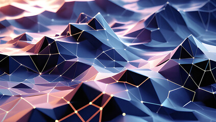 Vibrant polygonal mountain landscape with glowing connections and nodes