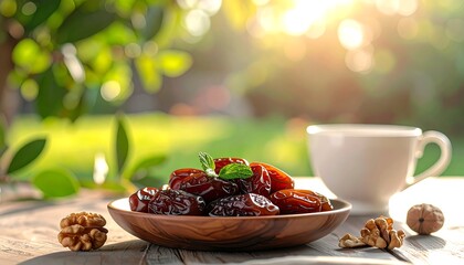 Dates and Walnuts with Coffee in a Sunny Garden Setting.