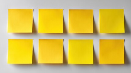 Eight yellow sticky notes aligned on gray background in two rows.