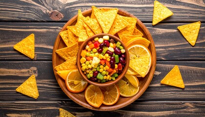 Colorful Nachos with Salsa and Citrus on Wooden Surface.