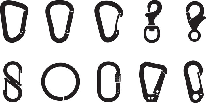 Metal carabiner icon set in bold silhouette style, vector EPS, isolated on white.